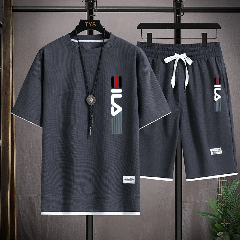 

Men's summer fashion printed short-sleeved T-shirt + shorts two-piece set for jogging, fitness, casual basketball sportswear