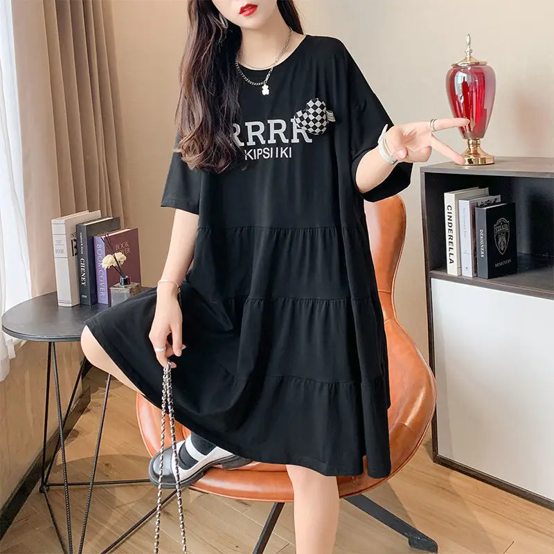 Estate nuova lettera di stampa nera Oversize Mini abito manica corta allentata Solid Fashion T Shirt Dress Casual Trend abbigliamento donna