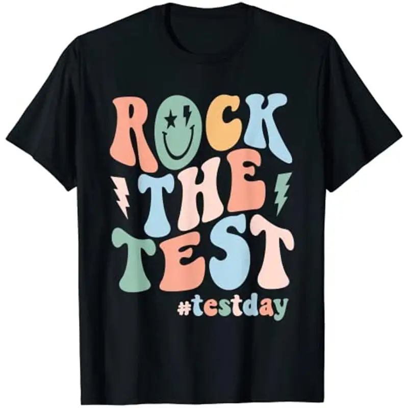 

Rock The Test Testing Day Ретро мотивационная футболка унисекс для учителей и студентов