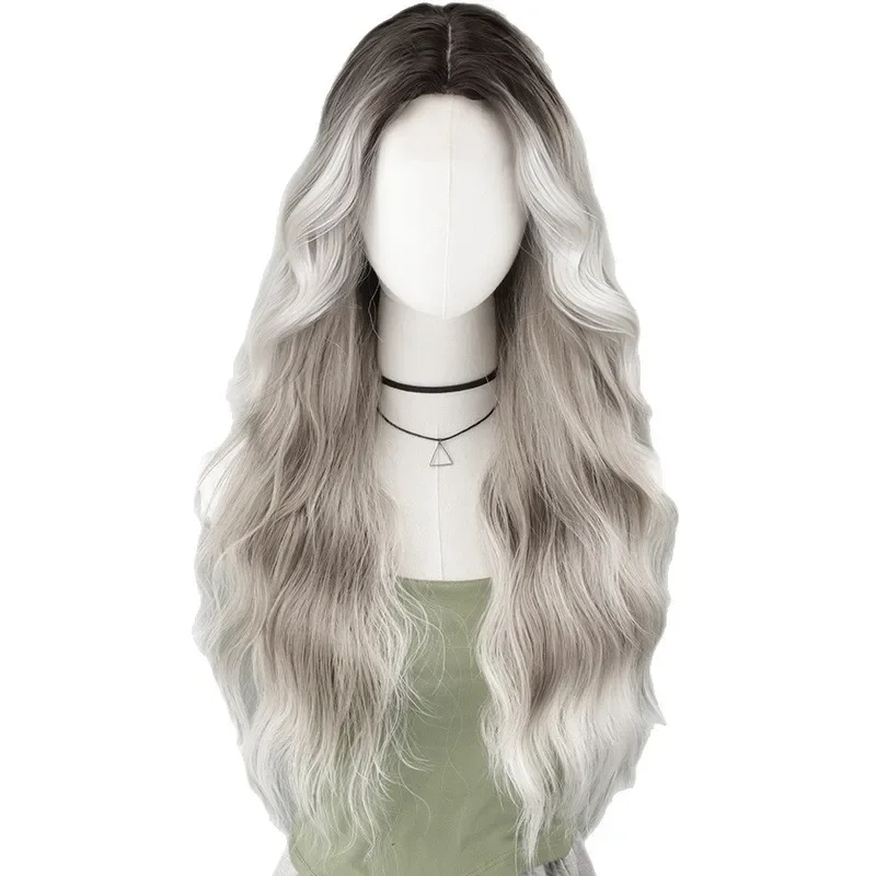 Graue Wasserwelligkeit mit Farbverlauf, langes lockiges Haar, synthetische Perücke aus Chemiefaser |   Hochwertige geschichtete Perücke |   Geeignet für den täglichen Gebrauch
