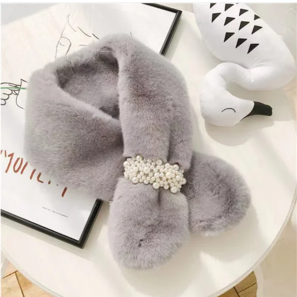 2023 Fashion Pearl Buckle Women Cross Scarf Soft Plush Winter Warm Neck Warmer Elegant Faux Rabbit Fur Collar Ladies Scarf