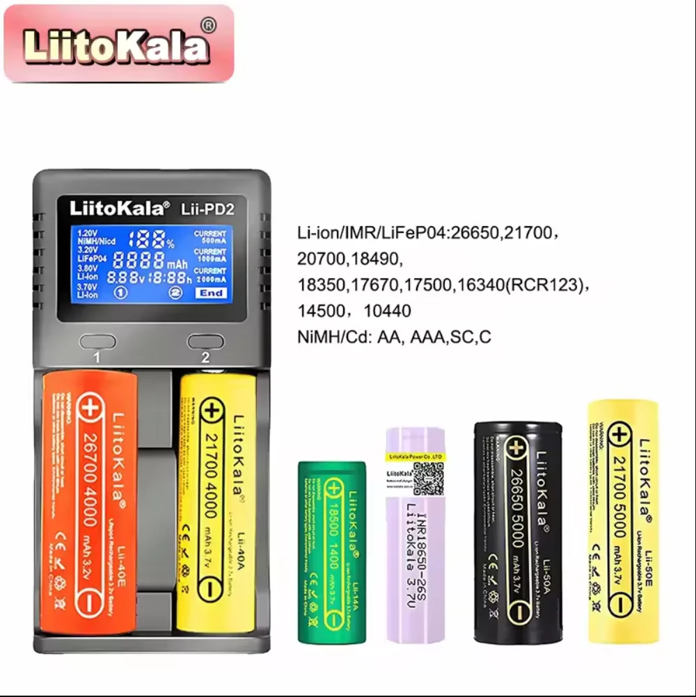LiitoKala Lii‑PD2 Smart LCD Charger 2‑Slot For 18650 21700 26650 CR123A 3.7V Li‑ion 1.2V Ni‑MH Rechargeable Cells