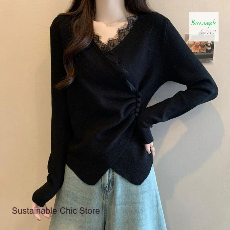 

Korean style fashion design lace stitching V-neck long-sleeved T-shirt women's autumn and winter new irregular bottoming shirt