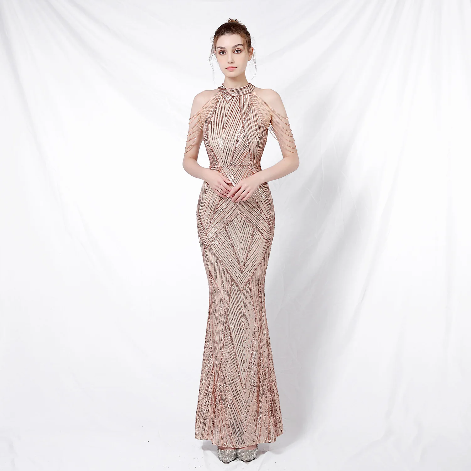 

New Banquet Style Elegant Long Hanging Neck Sequin Fish Tail Women's Evening Dress In 6 Colors To Choose From