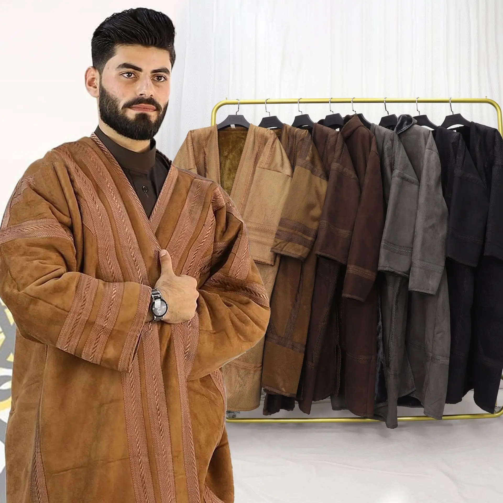 Winter Thick Muslim Men Robe Kimono Long Coat Islam Clothing Saudi Arabic Men's Warm Jacket Pocket Hood Kaftan Abaya Jubba Thobe