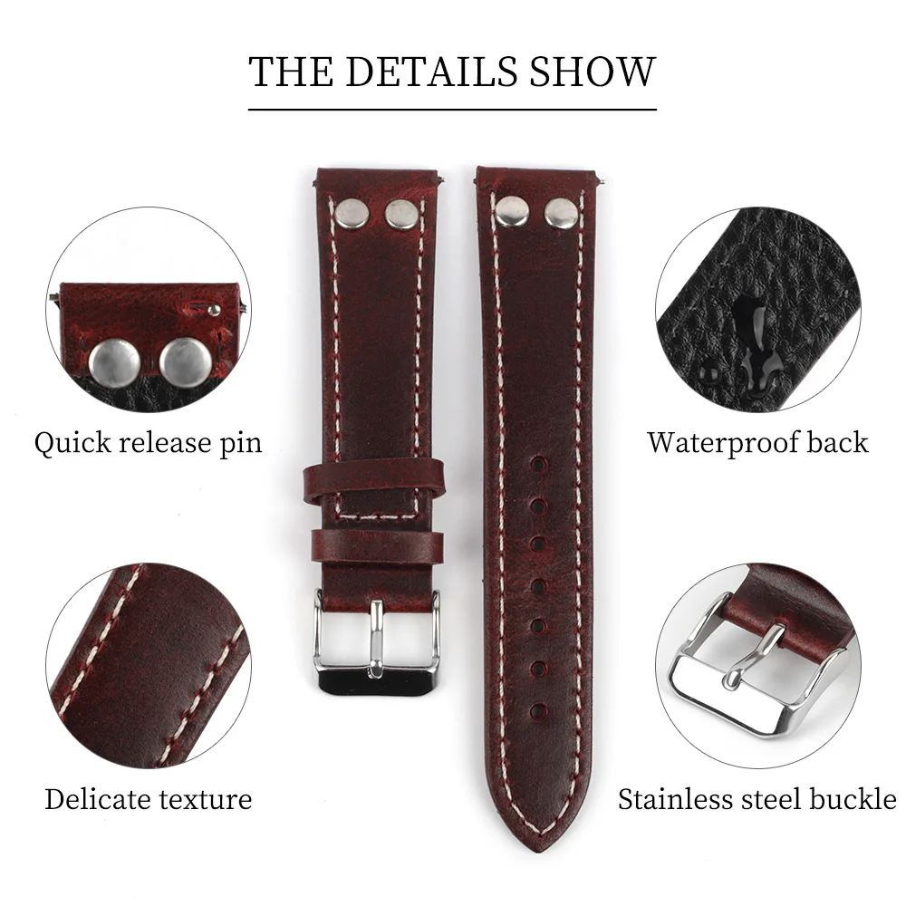 Correa de reloj de cuero genuino con remaches Retro para hombre, de 18mm pulsera de repuesto, 19mm, 20mm y 22mm, correa de cuero con cera de aceite