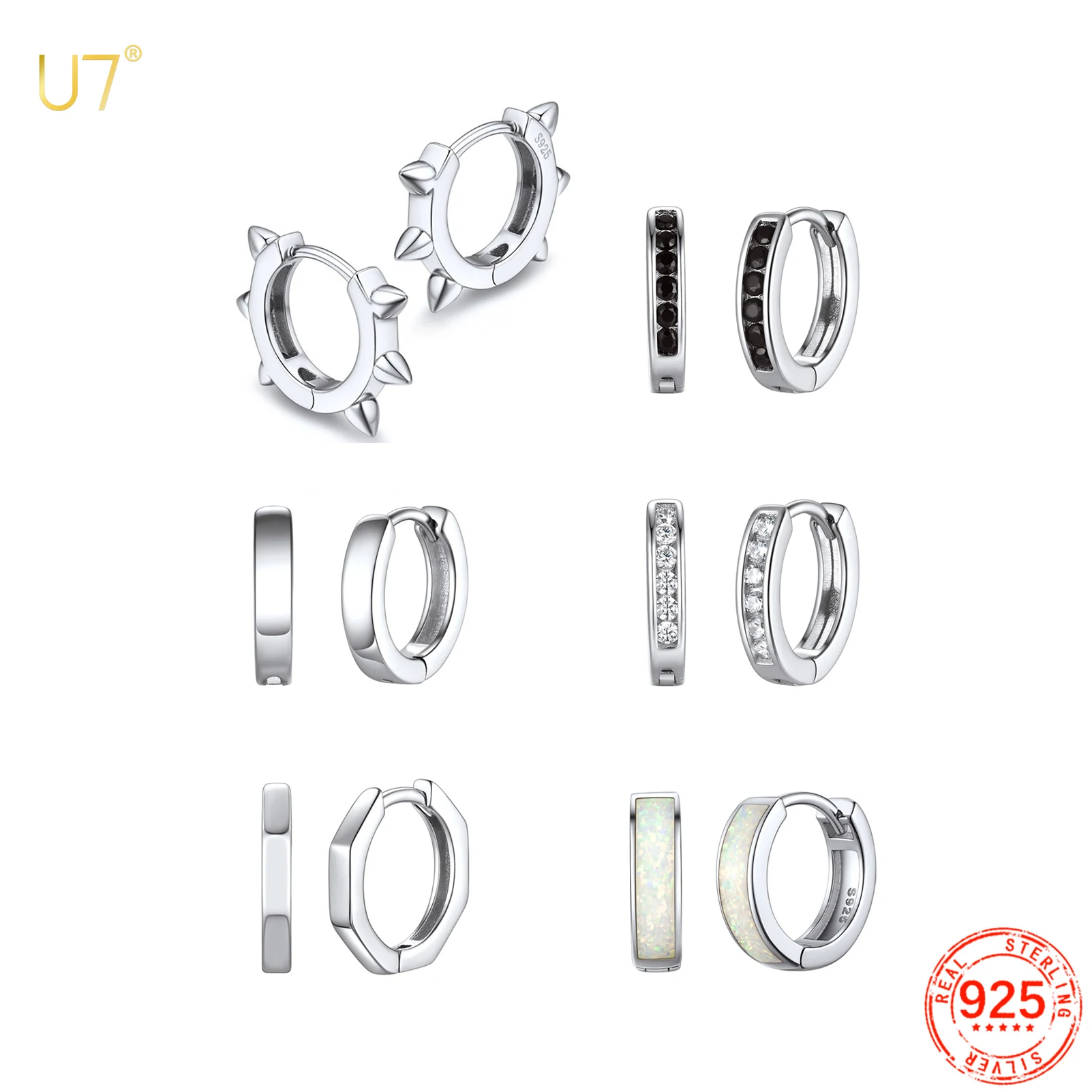 U7 925 Sterling Silver Hoop Earrings CZ Cubic Zirconia White Opal Hexagon Rivets Round Huggie Unisex Ear Jewelry QC24