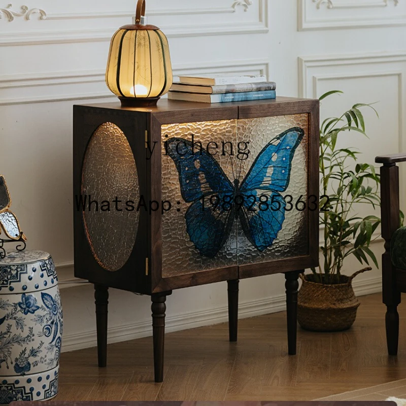 

CC side cabinet black walnut retro painted glass French living room cabinet entrance cabinet home accessories