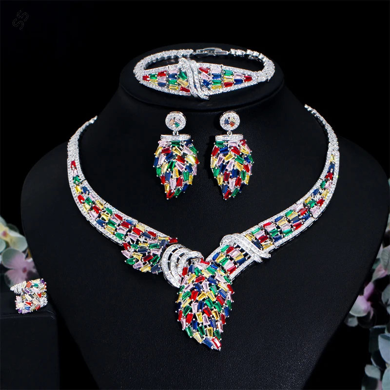 Wedding Dress Accessories Jewelry 4 Pieces Sets Colored Gemstone Zircon Inlaid Necklace Bracelet Earrings Rings Bridal Fashion