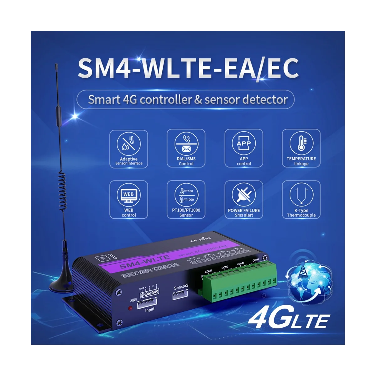 SM4-WLTE 4G Wireless GSM SMS Remote ON/OFF 4 Relays APP Remote Control Temperature Sensor-EU Plug