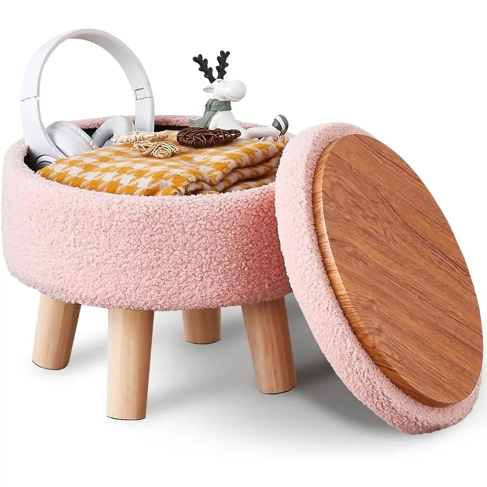 Storage Ottoman, Round Footrest with Storage Padded Seat, Velvet Ottoman with Wood Legs, Accent Small Table or Plant Stand or Ha