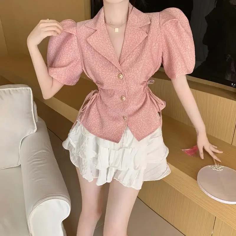 퍼프 슬리브 수트 라펠 홀로우 드로스트링 다용도 스타일리시 여성 셔츠 탑