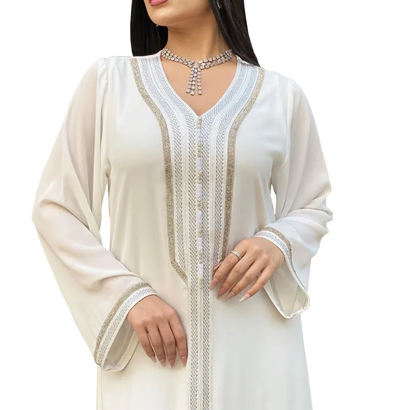 White Kaftan Luxury Dubai Abaya Turkey Muslim Dress Islam Abayas Dresses for Women Robe Djellaba Caftan Ensemble Femme Musulmane