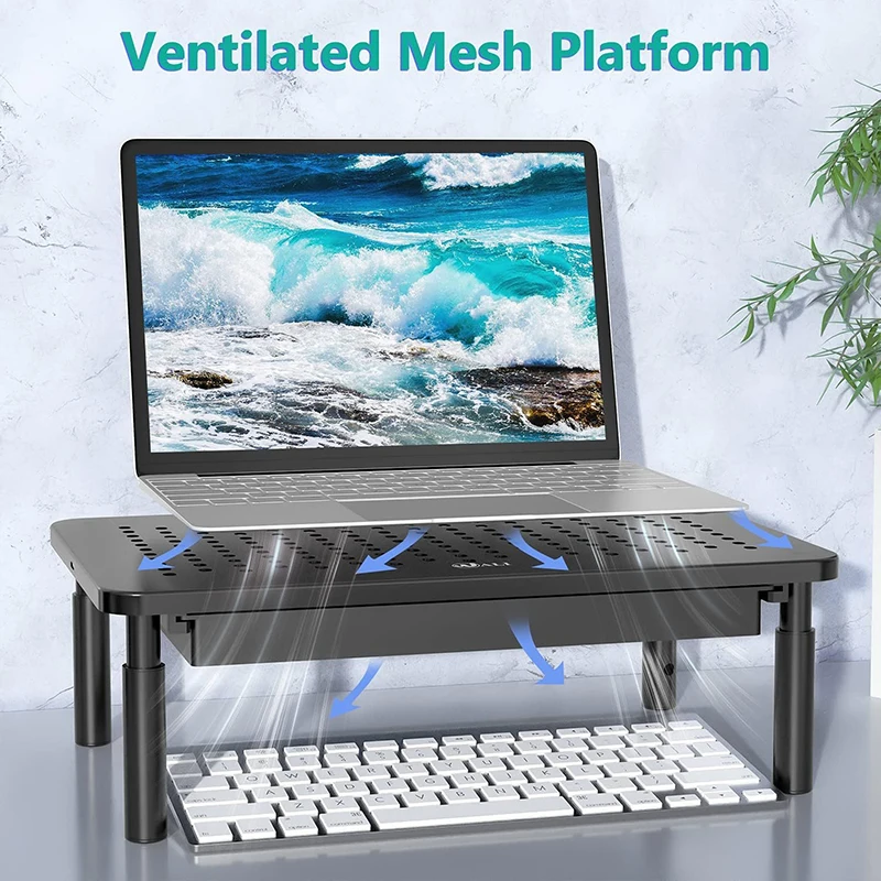 

Desktop Computer Monitor Holder With Drawer 3-Level Height Adjustable PC Screen Stand With Phone Stand Bracket Printer Laptop