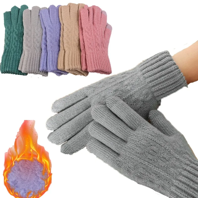 

Knitted Plush Gloves Hot Sell Winter Warm Thicken Six Colors Windproof High-elastic Cuff Soft Cute Cotton Gloves for Unisex