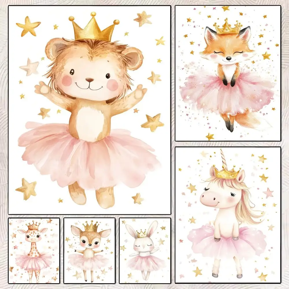 Pink Unicorn Bunny Lion Elephant Crown Ballet Dancer Poster Canvas Wall Art Print Nordic Cartoon Nursery Kids Room Decor