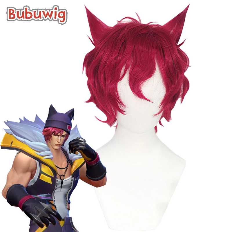 

Bubuwig Synthetic Hair Sett Cosplay Wigs Game LOL Heartsteel Sett 30cm Short Straight Wine Red Men Party Wig Heat Resistant