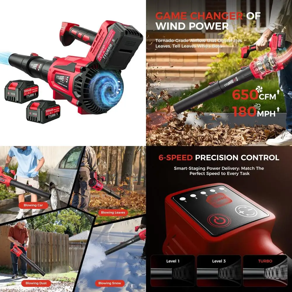 

Аккумуляторная воздуходувка для листьев с 650 куб. футов в минуту, 6-скоростной бесщеточный двигатель, эргономичная ручка, 2 аккумулятора емкостью 5,0 Ач, быстрое зарядное устройство — идеально подходит для газона,