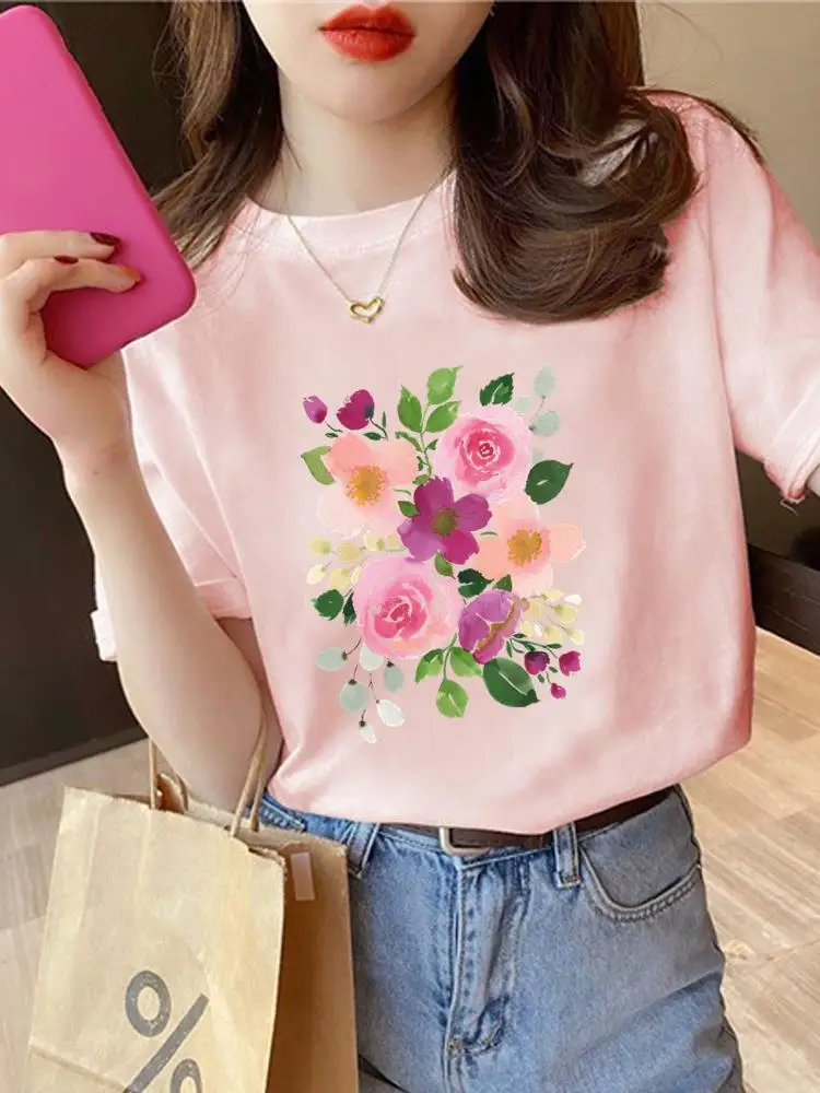 Camiseta con estampado de cuello redondo para mujer, camiseta de manga corta con estampado de flores a la moda, ropa de tendencia de los años 90, camiseta estampada