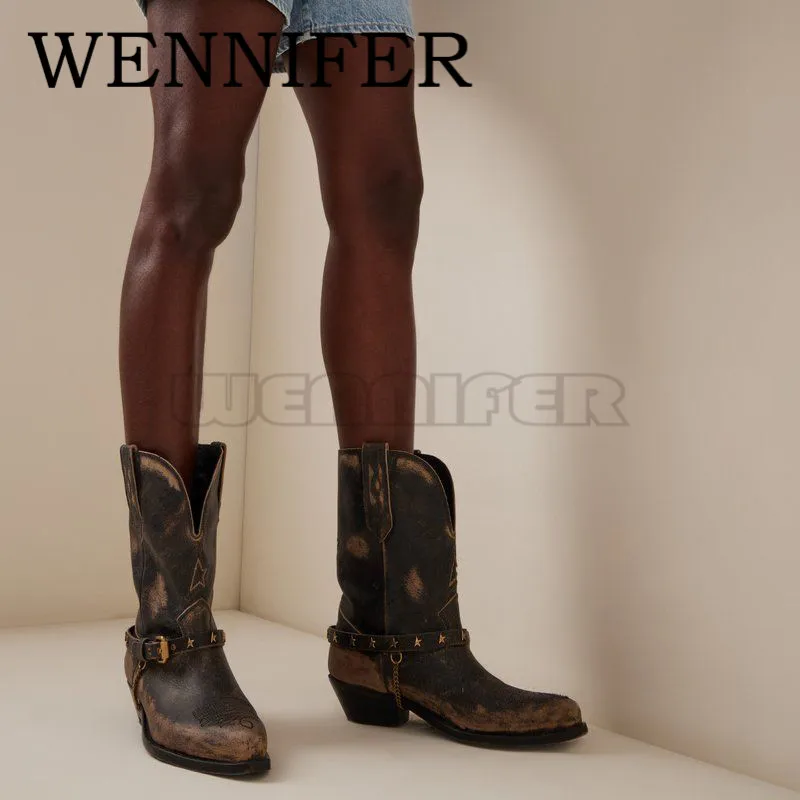 Star Embroidery Western Cowboy Chunky Heel Boot Square Toe Calf Leather Metal Chain Boot Lady Runway Pull-on Chelsea Botas Mujer