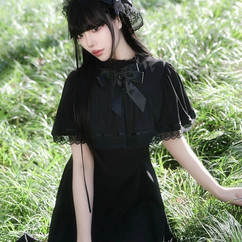 Abito francese elegante in pizzo a maniche lunghe da donna a vita alta sottile abito longuette vintage da ufficio abito gotico in un pezzo coreano Y2k