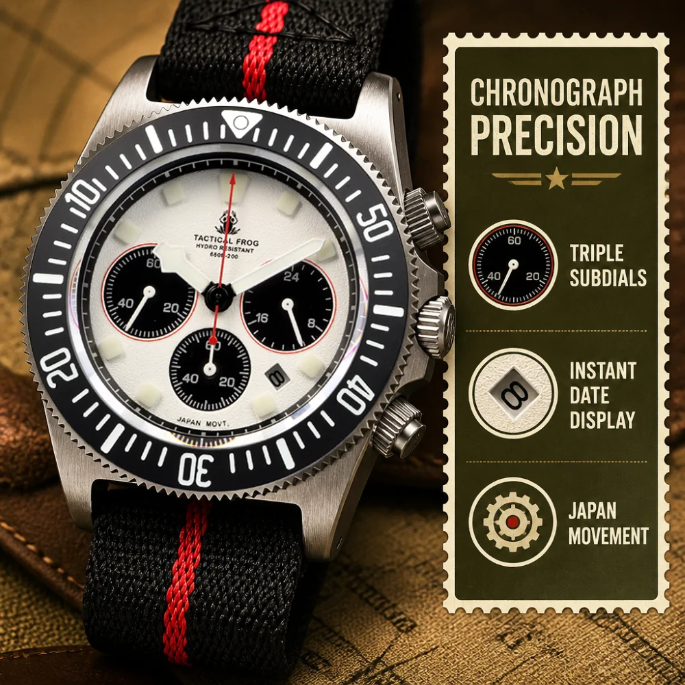 Tactical Frog FXD Titanium Solar Chronograph Dive Watch VS75B Men 200M Waterproof Sapphire BGW9 Luminous Quartz Wristwatch