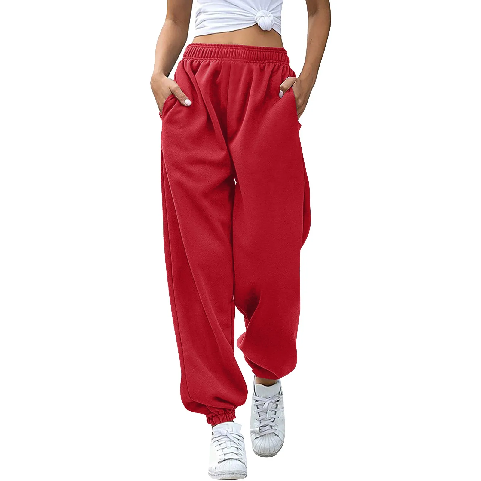 

Women Sweatpants Drawstrings Running Sport Joggers Trousers Cotton Loose Elastic Waist With Pockets Athletic Gym Fitness Joggers