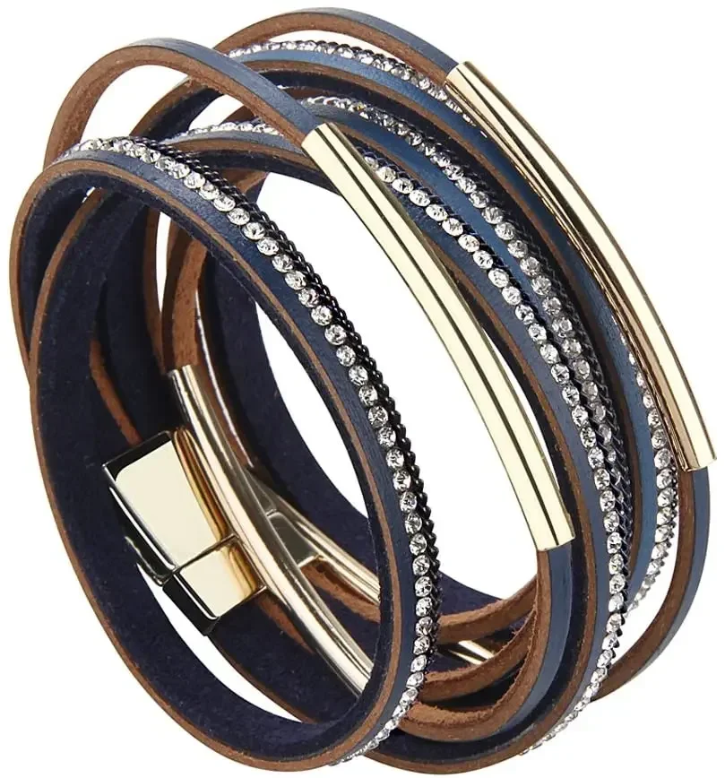 Multilayer Leather Bracelet Wrap Crystal Bracelet Magnet Buckle Metal Bangle for Women Men Vintage Jewelry Gift Wholesale