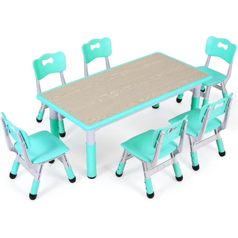Kids Study Table and 6 Chairs Set, Height Adjustable Graffiti Table, Preschool Activity Art Craft Table for 6, Multifunction