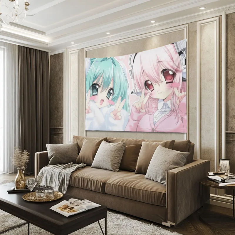 S-Super Sonico & Green Hair Anime Girl Tapestry Cute Girlish Heart Room Decor Accessories Room Decoration Items For Otaku