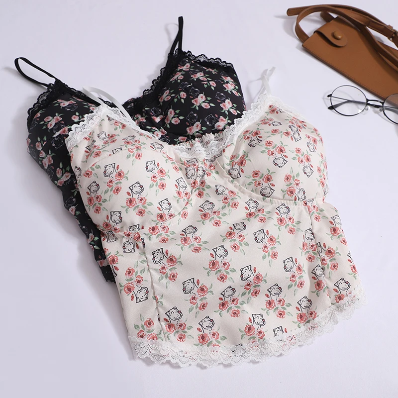 Lace Floral Camisole Top Women Wear Camisoles Short Tank with Thin Straps Crop Tops