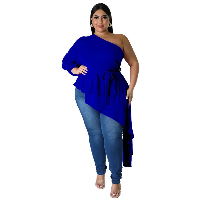 Women Plus Size Tops Fashion Irregular One Shoulder Long-sleeved Sexy Top 2023 New Casual Solid Color Elegant Temperament Blouse