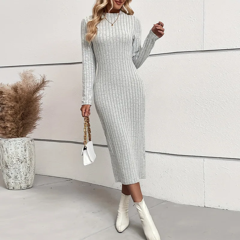 

2026 New Fashion Hip-covering Knitted Dress Women Spring Sexy And Elegant Solid Color Round Neck Home Dresses For Women