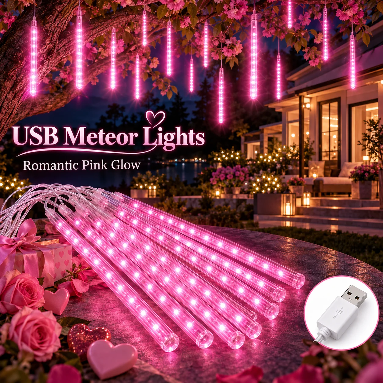 USB Pink Meteor Shower Lights Falling Rain Icicle LED Tube Fairy String Lights for Wedding Birthday  Window Christmas Decor