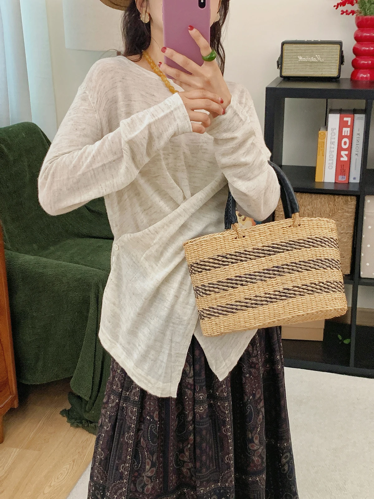 

Женский повседневный вязаный топ из льна и бамбука с круглым вырезом, длинными рукавами, на пуговицах, легкий и комфортный, для похудения