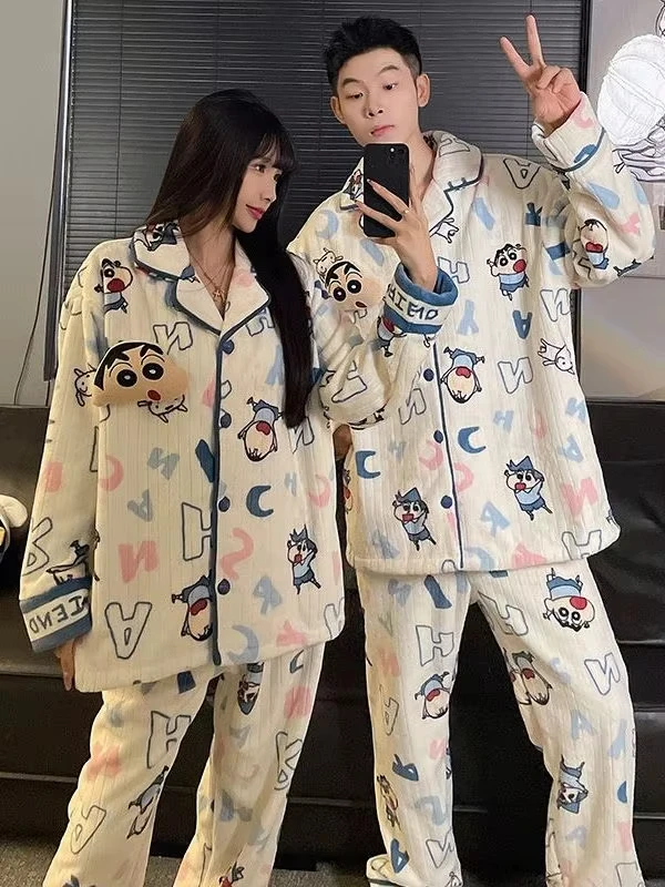 Anime Crayon Shin-Chan Couple Pajamas Velvet Autumn Winter Cute Plush Lapel Cardigan Pants Thick Women's Men's Family Pajamas