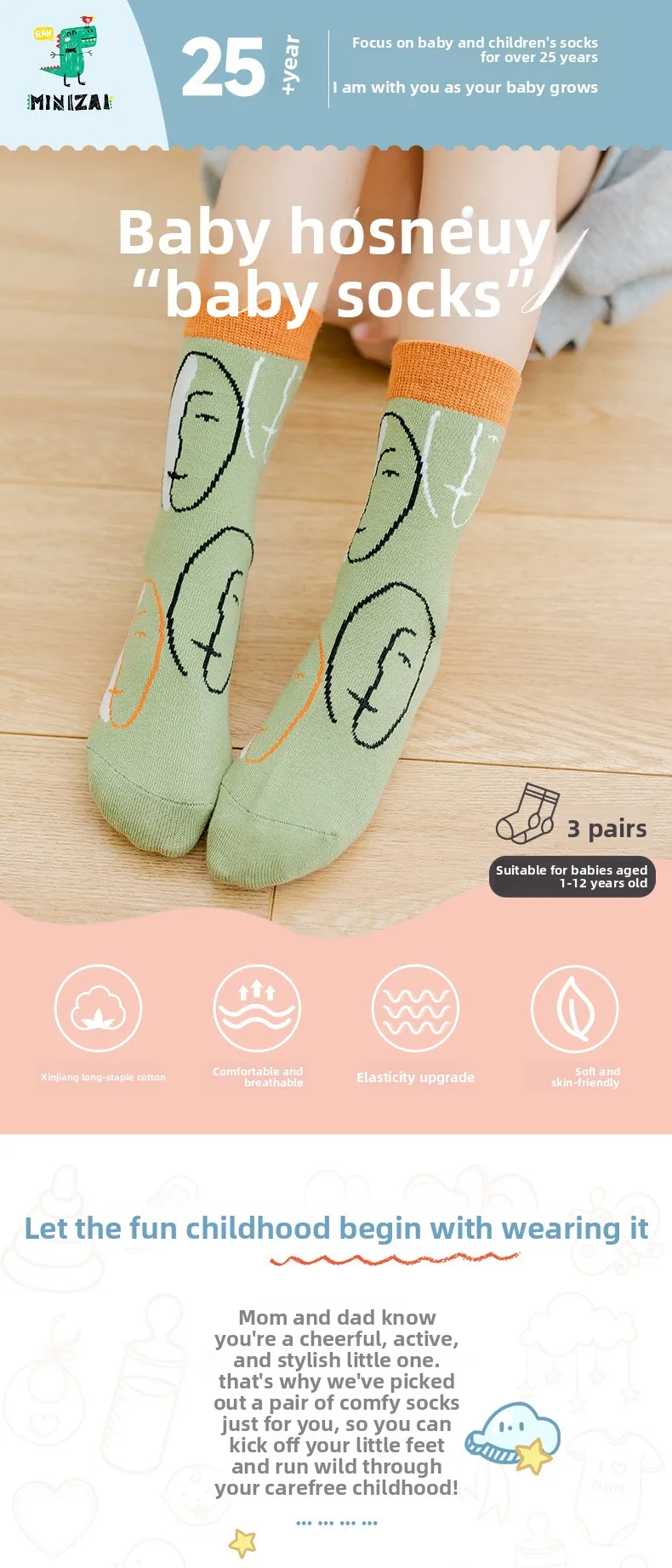 Cartoon-Tier-Abstrakter Druck Frühling-Herbst-Vier-Jahreszeiten-Stil gekämmte Baumwolle bequeme atmungsaktive Kindersocken 3er-Pack