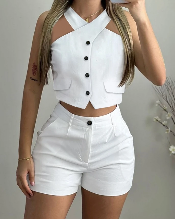 Leisure Women's Fashion Set 2024 Summer Latest Cross Collar Button Zipper Design Tank Top and Slim Fit Shorts Commuter Set