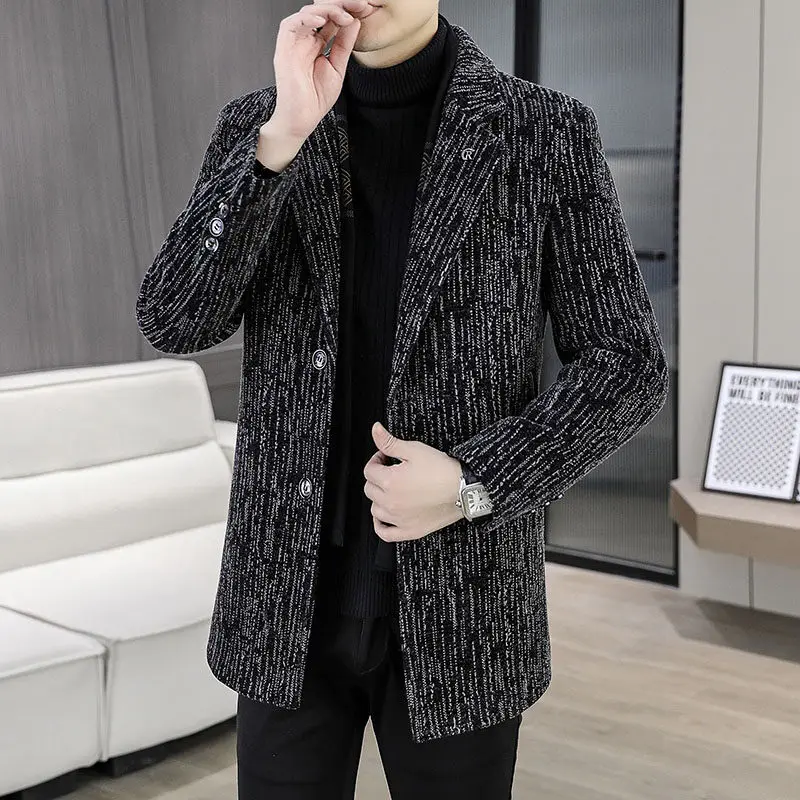 Men's Business Casual Winter Thickened Striped Plush Overcoat Warm Fleece Windbreaker Jacket Classic Woolen Coat Clothes Outwear