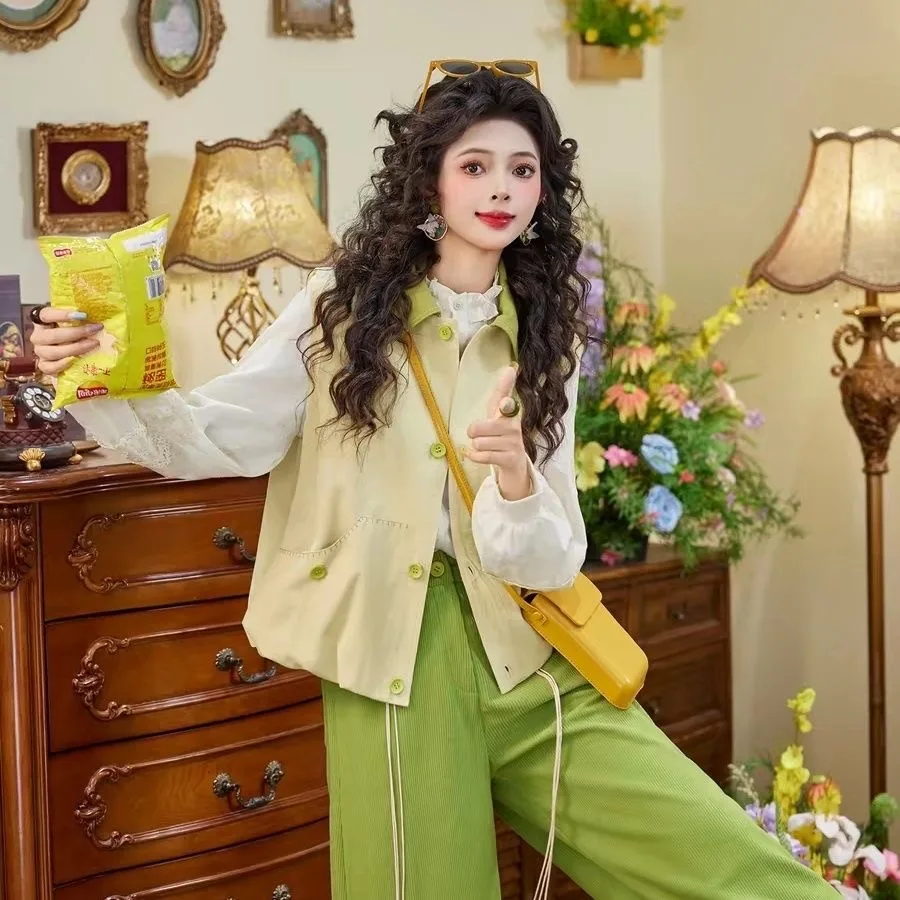 Unique Beautiful Lace Shirt Green Sleeveless Vest High Waist Wide Leg Pants Slimming Early Spring Three-piece Set Women's Fas...