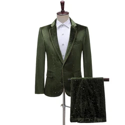 Green One Button Velvet Dress Suits Pants Men 2022 Luxury Brand Slim Fit Mens Tuxedo Suit Dinner Party Wedding