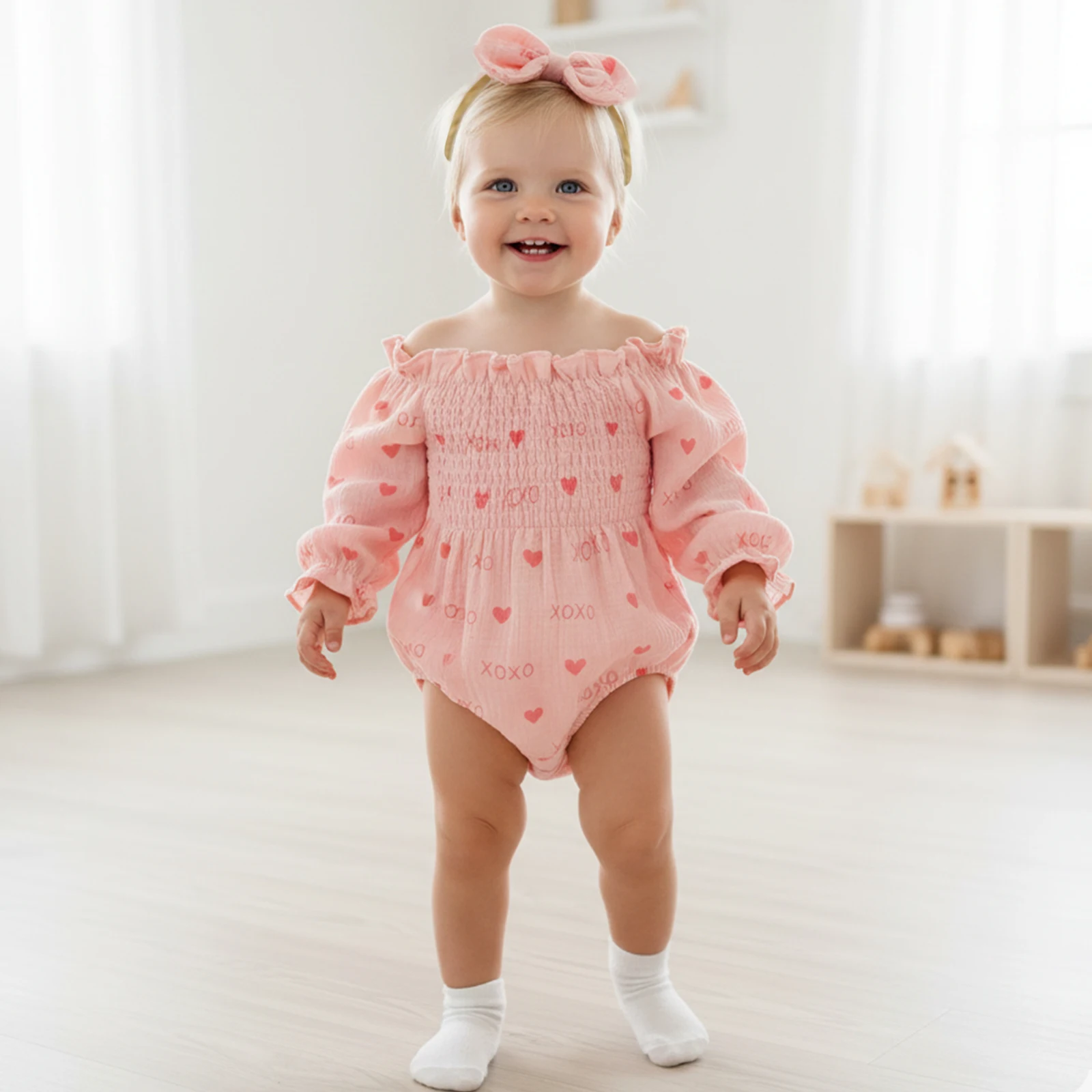 

Комбинезон Blotona для маленьких девочек на День Святого Валентина с буквенным принтом и сердечками, комбинезон с длинными рукавами и подходящей повязкой на голову