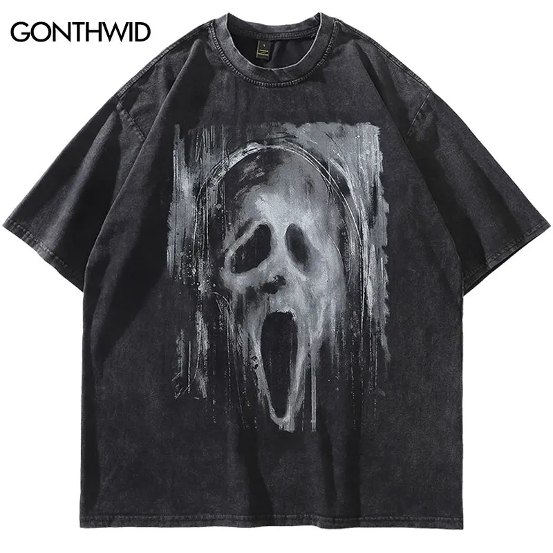 Men Black T-Shirt Vintage Scare Skull Graphic Print Oversized Tshirt Streetwear 2024 Hip Hop Harajuku Punk Loose Cotton Tops Tee