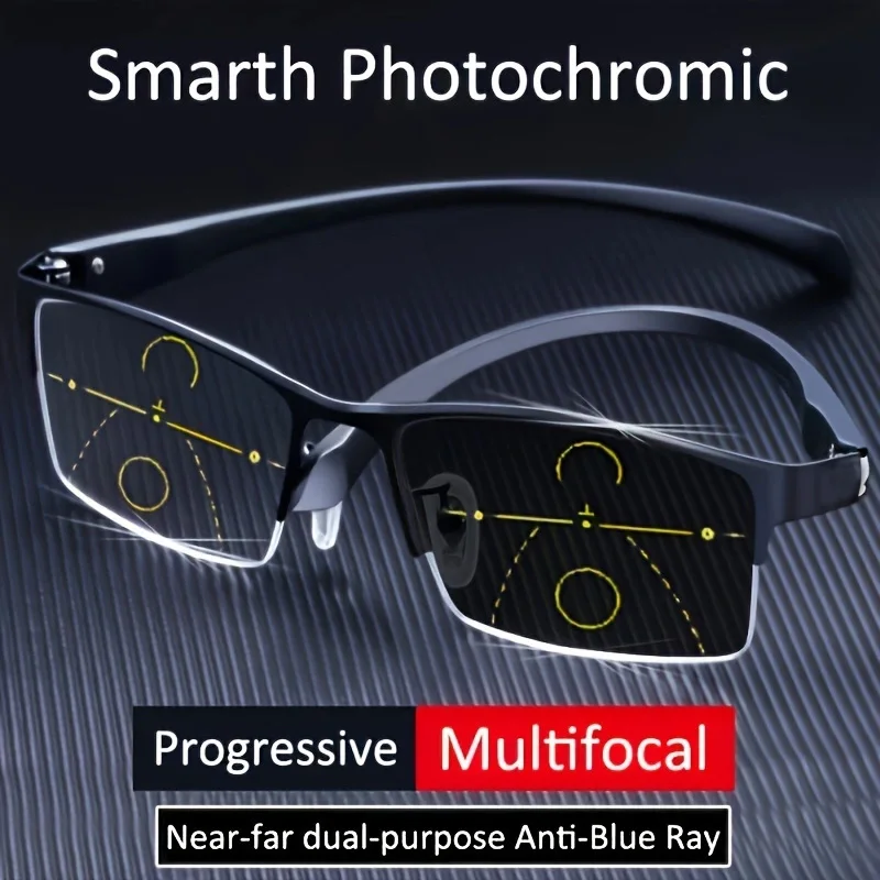 Men Photochromic Progressive MultiFocal Reading Glasses Anti-Blue Light Metal Frame Square Women Hyperopia Presbyopia Glasses