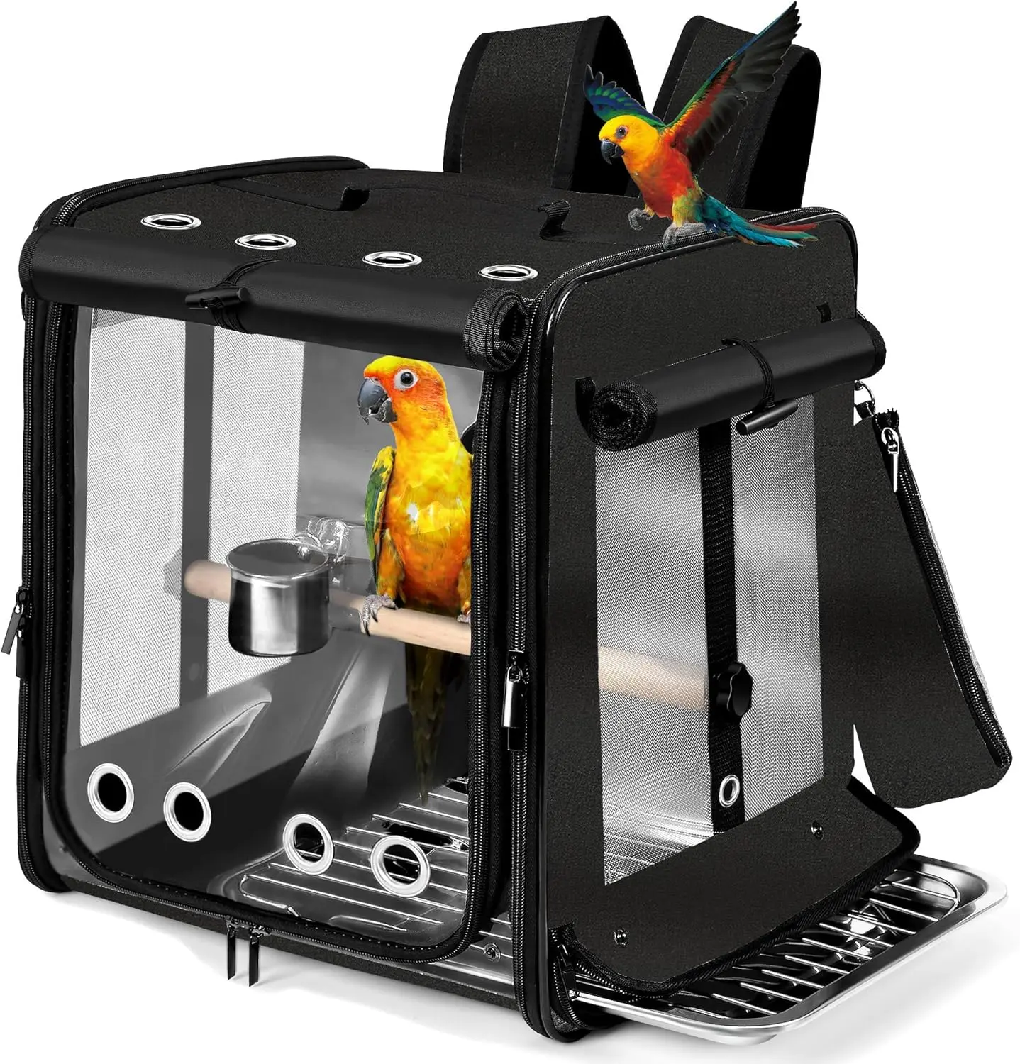 

Large Bird Carrier with Seat Belt, Indestructible Stainless Steel Mesh Backpack for Car Travel, Black