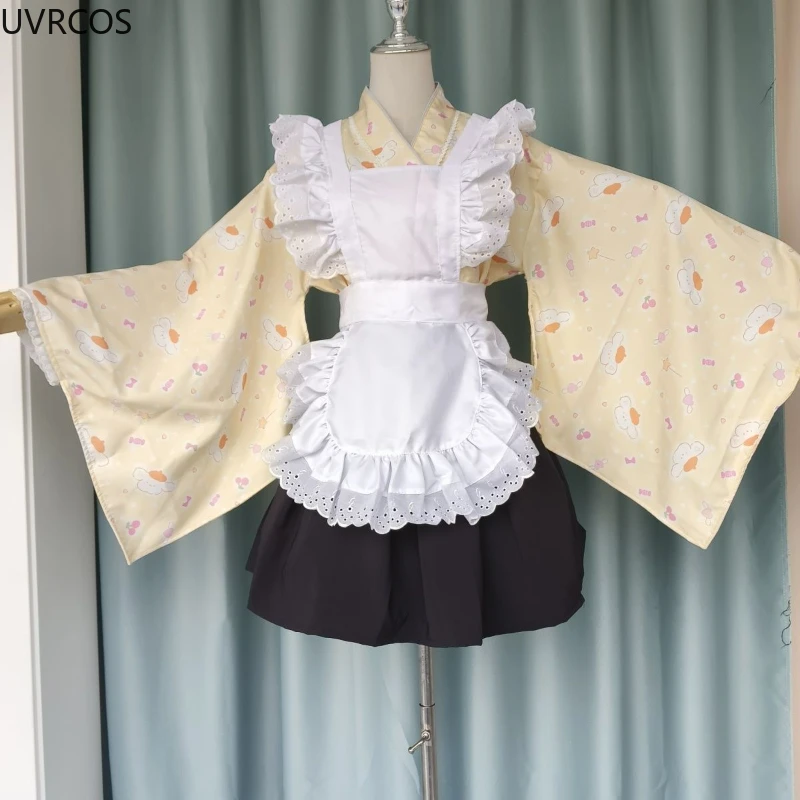 Japanese Kawaii Lolita Kimono Dress Women Sweet Cute Cartoon Print Apron Maid Dresses Sets Female Retro Elegant Cosplay Costumes