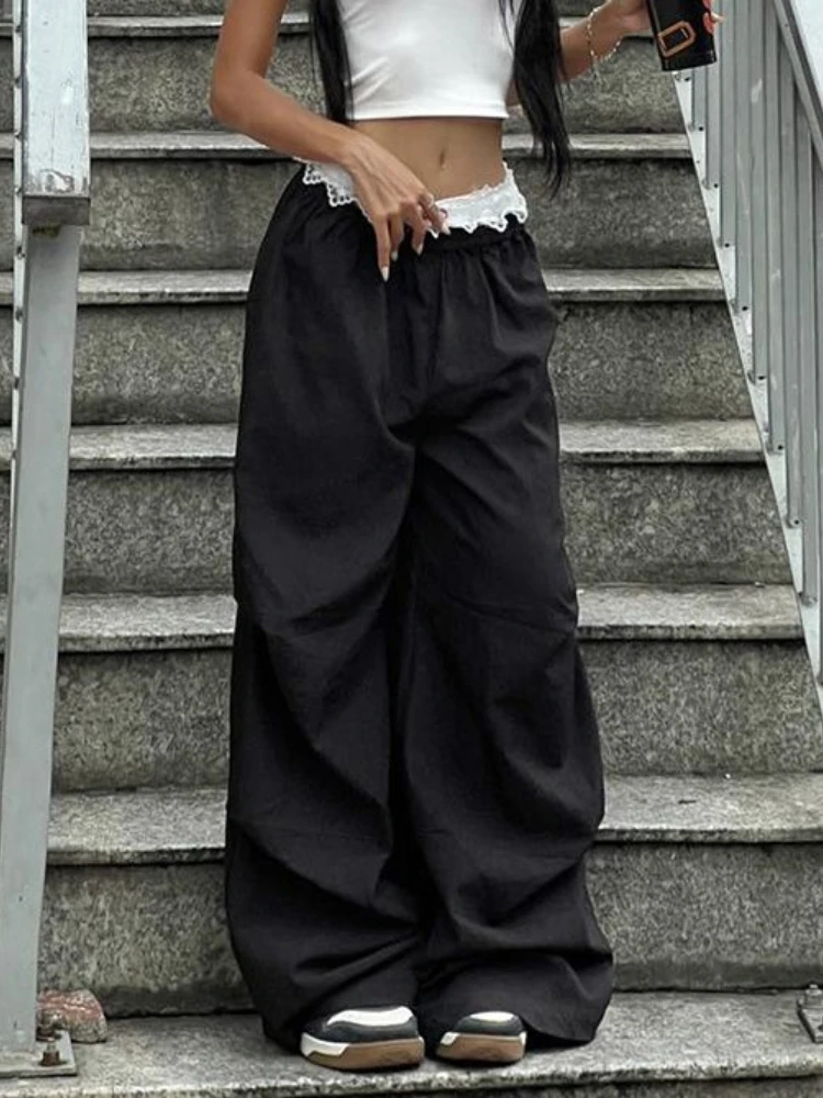 HOUZHOU Vintage Lace Patchwork Pants Women Y2k Streetwear Low Rise Wide Leg Trousers Korean Fashion Casual Black Baggy Pants