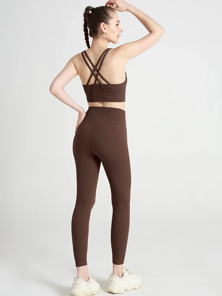 2-teiliges Damen-Yoga-Set, ärmellos, sexy Sport-BH mit überkreuztem Rücken, hochelastische Leggings mit Po-Lifting-Effekt, bequemer Sportanzug