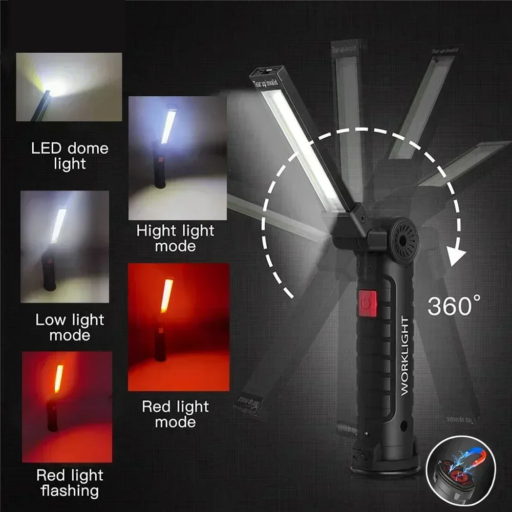 New Portable COB LED Flashlight USB Rechargeable Work Light Magnetic Lanterna Hanging Lamp with Built-in Battery Camping Torch