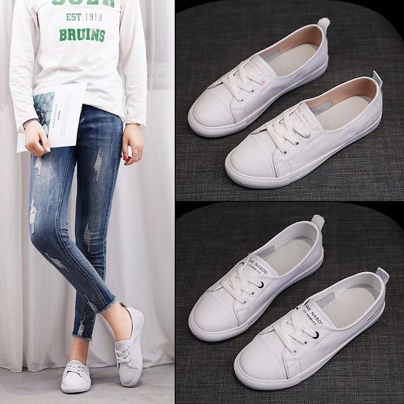 CXJYWMJL Genuine Leather Casual Sneakers for Women Plus Size Spring Summer Skate Shoes Ladies Vulcanized Shoes Little White